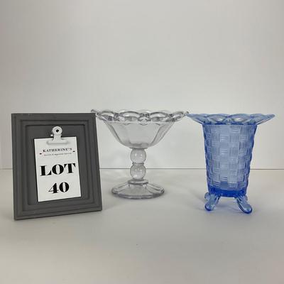 -40- GLASSWARE | Crocheted Crystal Compote | Blue Opalescent Crocheted Edge Footed Vase