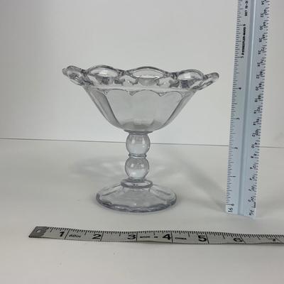 -40- GLASSWARE | Crocheted Crystal Compote | Blue Opalescent Crocheted Edge Footed Vase