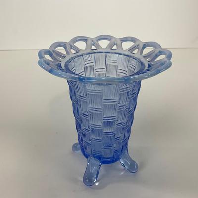 -40- GLASSWARE | Crocheted Crystal Compote | Blue Opalescent Crocheted Edge Footed Vase