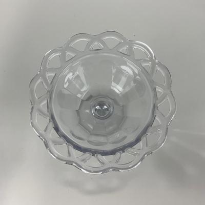 -40- GLASSWARE | Crocheted Crystal Compote | Blue Opalescent Crocheted Edge Footed Vase