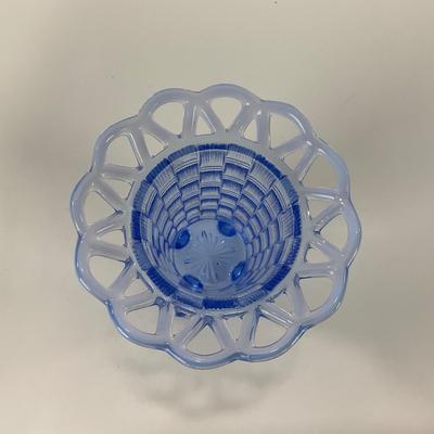 -40- GLASSWARE | Crocheted Crystal Compote | Blue Opalescent Crocheted Edge Footed Vase