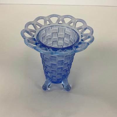 -40- GLASSWARE | Crocheted Crystal Compote | Blue Opalescent Crocheted Edge Footed Vase