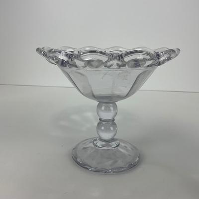 -40- GLASSWARE | Crocheted Crystal Compote | Blue Opalescent Crocheted Edge Footed Vase