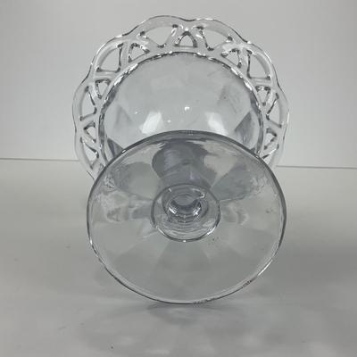 -40- GLASSWARE | Crocheted Crystal Compote | Blue Opalescent Crocheted Edge Footed Vase