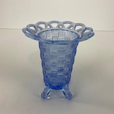 -40- GLASSWARE | Crocheted Crystal Compote | Blue Opalescent Crocheted Edge Footed Vase