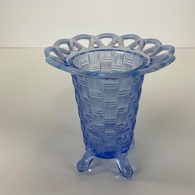 -40- GLASSWARE | Crocheted Crystal Compote | Blue Opalescent Crocheted Edge Footed Vase
