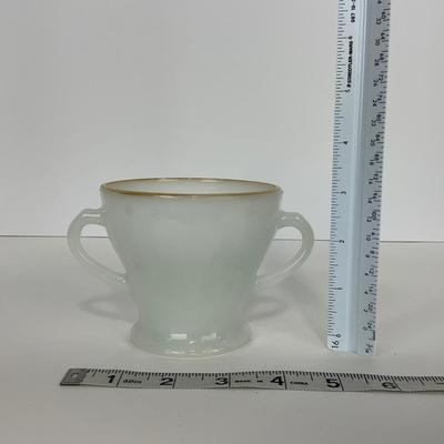 -51- GLASSWARE | Two Handled, Lidded, White Fire King Swirl | Sugar Containers