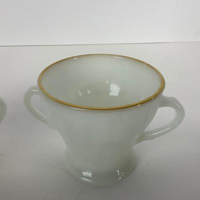 -51- GLASSWARE | Two Handled, Lidded, White Fire King Swirl | Sugar Containers