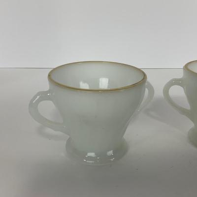 -51- GLASSWARE | Two Handled, Lidded, White Fire King Swirl | Sugar Containers