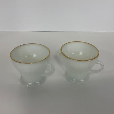 -51- GLASSWARE | Two Handled, Lidded, White Fire King Swirl | Sugar Containers