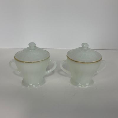 -51- GLASSWARE | Two Handled, Lidded, White Fire King Swirl | Sugar Containers
