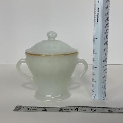 -51- GLASSWARE | Two Handled, Lidded, White Fire King Swirl | Sugar Containers