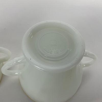 -51- GLASSWARE | Two Handled, Lidded, White Fire King Swirl | Sugar Containers