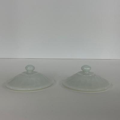 -51- GLASSWARE | Two Handled, Lidded, White Fire King Swirl | Sugar Containers