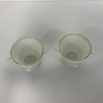 -51- GLASSWARE | Two Handled, Lidded, White Fire King Swirl | Sugar Containers