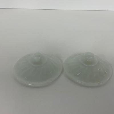 -51- GLASSWARE | Two Handled, Lidded, White Fire King Swirl | Sugar Containers