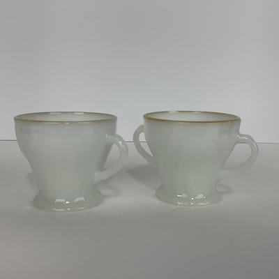 -51- GLASSWARE | Two Handled, Lidded, White Fire King Swirl | Sugar Containers