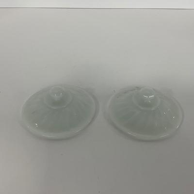 -51- GLASSWARE | Two Handled, Lidded, White Fire King Swirl | Sugar Containers