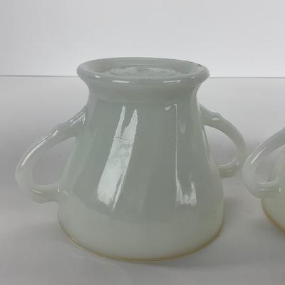 -51- GLASSWARE | Two Handled, Lidded, White Fire King Swirl | Sugar Containers