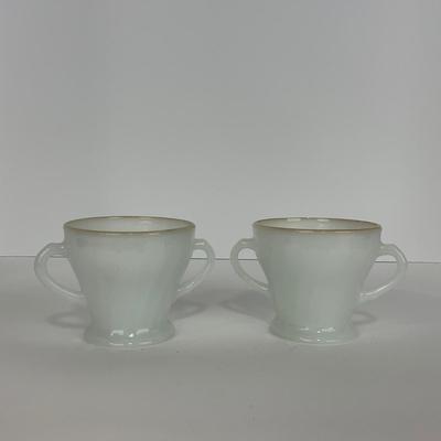 -51- GLASSWARE | Two Handled, Lidded, White Fire King Swirl | Sugar Containers