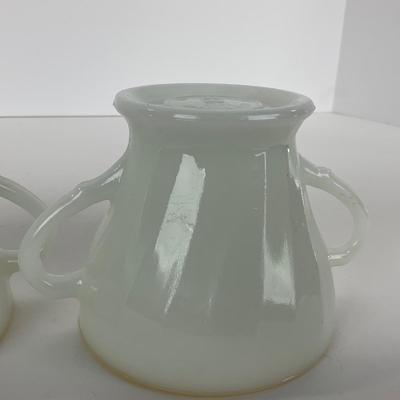 -51- GLASSWARE | Two Handled, Lidded, White Fire King Swirl | Sugar Containers