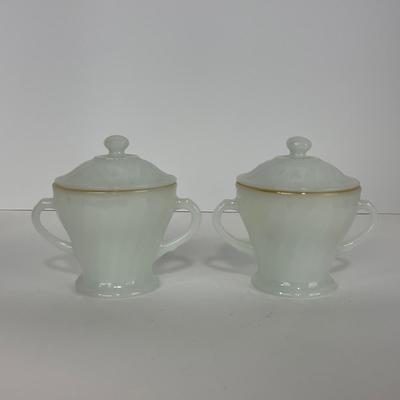 -51- GLASSWARE | Two Handled, Lidded, White Fire King Swirl | Sugar Containers