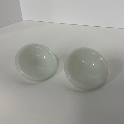 -51- GLASSWARE | Two Handled, Lidded, White Fire King Swirl | Sugar Containers