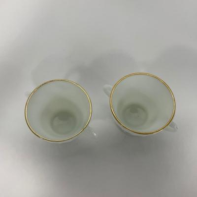 -51- GLASSWARE | Two Handled, Lidded, White Fire King Swirl | Sugar Containers