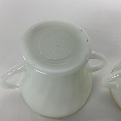 -51- GLASSWARE | Two Handled, Lidded, White Fire King Swirl | Sugar Containers