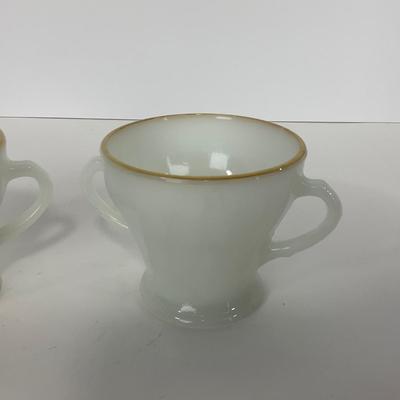 -51- GLASSWARE | Two Handled, Lidded, White Fire King Swirl | Sugar Containers