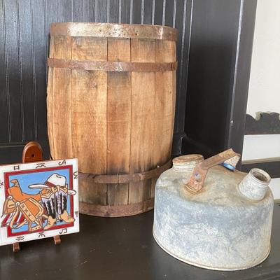 Vintage Barrel Gas Can and trivet Lot