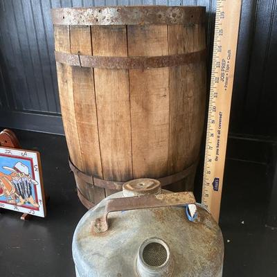 Vintage Barrel Gas Can and trivet Lot