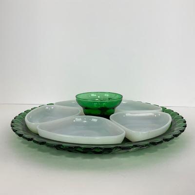 -52- GLASSWARE | Anchor Hocking Waterford Waffle | Green Depression Relish & Inserts Set