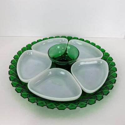 -52- GLASSWARE | Anchor Hocking Waterford Waffle | Green Depression Relish & Inserts Set