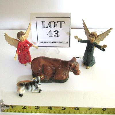 Vintage Christmas Lot: 2 Hong Kong Angel Ornaments, Mini Porcelain Cow and Germany Putz Cow With Wire Horns