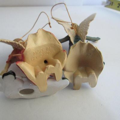 Vintage Christmas Lot: 2 Hong Kong Angel Ornaments, Mini Porcelain Cow and Germany Putz Cow With Wire Horns