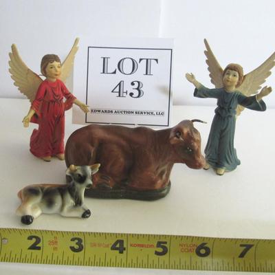 Vintage Christmas Lot: 2 Hong Kong Angel Ornaments, Mini Porcelain Cow and Germany Putz Cow With Wire Horns