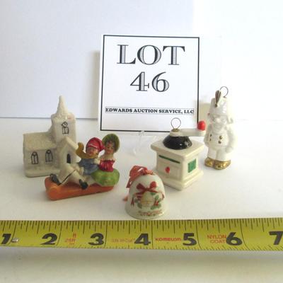 Lot of Small Vintage Christmas: German Figurine, Japan Bell, Snowy Church and 2 Goebel Germany