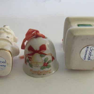 Lot of Small Vintage Christmas: German Figurine, Japan Bell, Snowy Church and 2 Goebel Germany