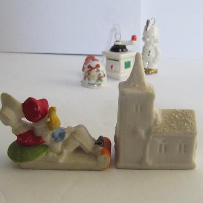 Lot of Small Vintage Christmas: German Figurine, Japan Bell, Snowy Church and 2 Goebel Germany