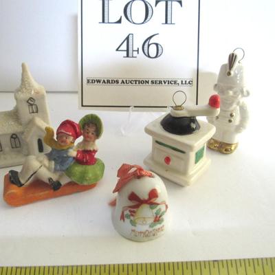 Lot of Small Vintage Christmas: German Figurine, Japan Bell, Snowy Church and 2 Goebel Germany