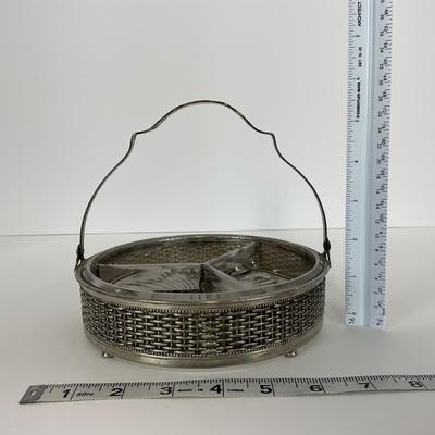 -67- GLASSWARE | Divided Clear Glass Dish With Metal Holder & Handle
