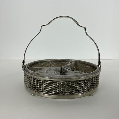 -67- GLASSWARE | Divided Clear Glass Dish With Metal Holder & Handle