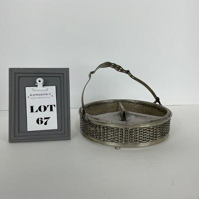 -67- GLASSWARE | Divided Clear Glass Dish With Metal Holder & Handle