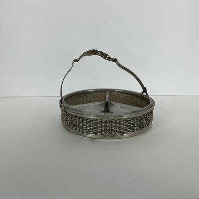 -67- GLASSWARE | Divided Clear Glass Dish With Metal Holder & Handle