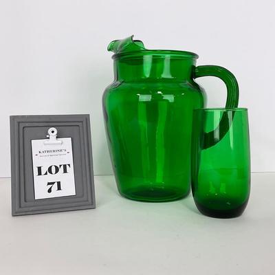 -71- GLASSWARE | Anchor Hocking Glass Co. | Forest Green Pitcher & Glass