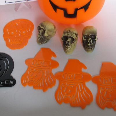Misc Lot of Plastic Halloween Pail, Skulls, More