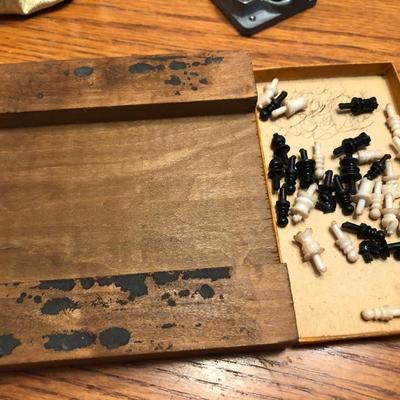 Vintage Mini Travel Chess (incomplete), Mini Balenciaga Perfume Empty Bottle & Hurdy Gurdy Wind Music Box -Lot 426