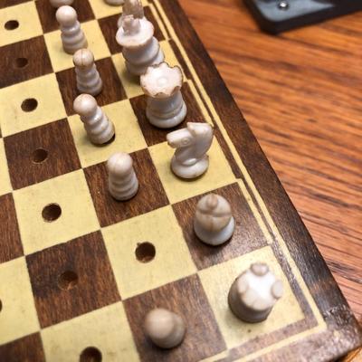 Vintage Mini Travel Chess (incomplete), Mini Balenciaga Perfume Empty Bottle & Hurdy Gurdy Wind Music Box -Lot 426