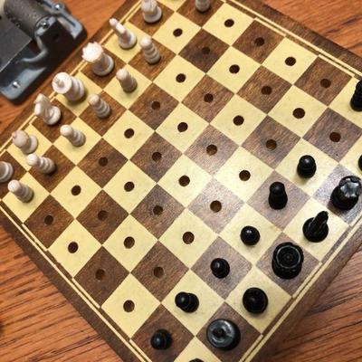 Vintage Mini Travel Chess (incomplete), Mini Balenciaga Perfume Empty Bottle & Hurdy Gurdy Wind Music Box -Lot 426